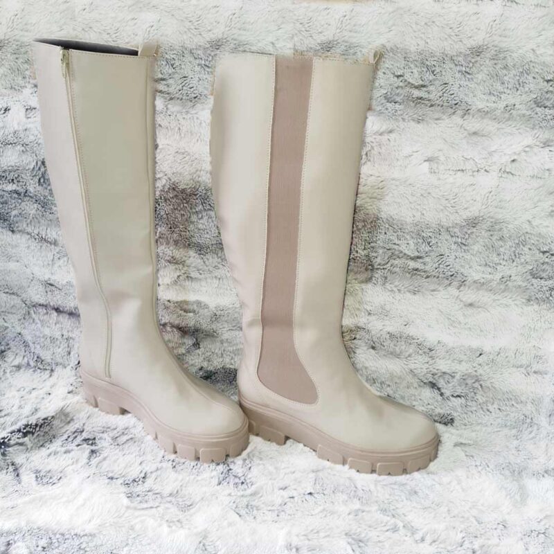 Botas Sobre La Rodilla Para Mujer – Botines Elásticos Con Tacón Bloque De 7.5 Cm, Material Sintético